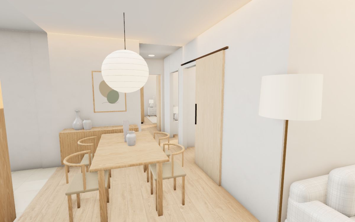 Dining area of a Berlayar Rise 4-room flat with an oak table, wishbone chairs and a paper lantern