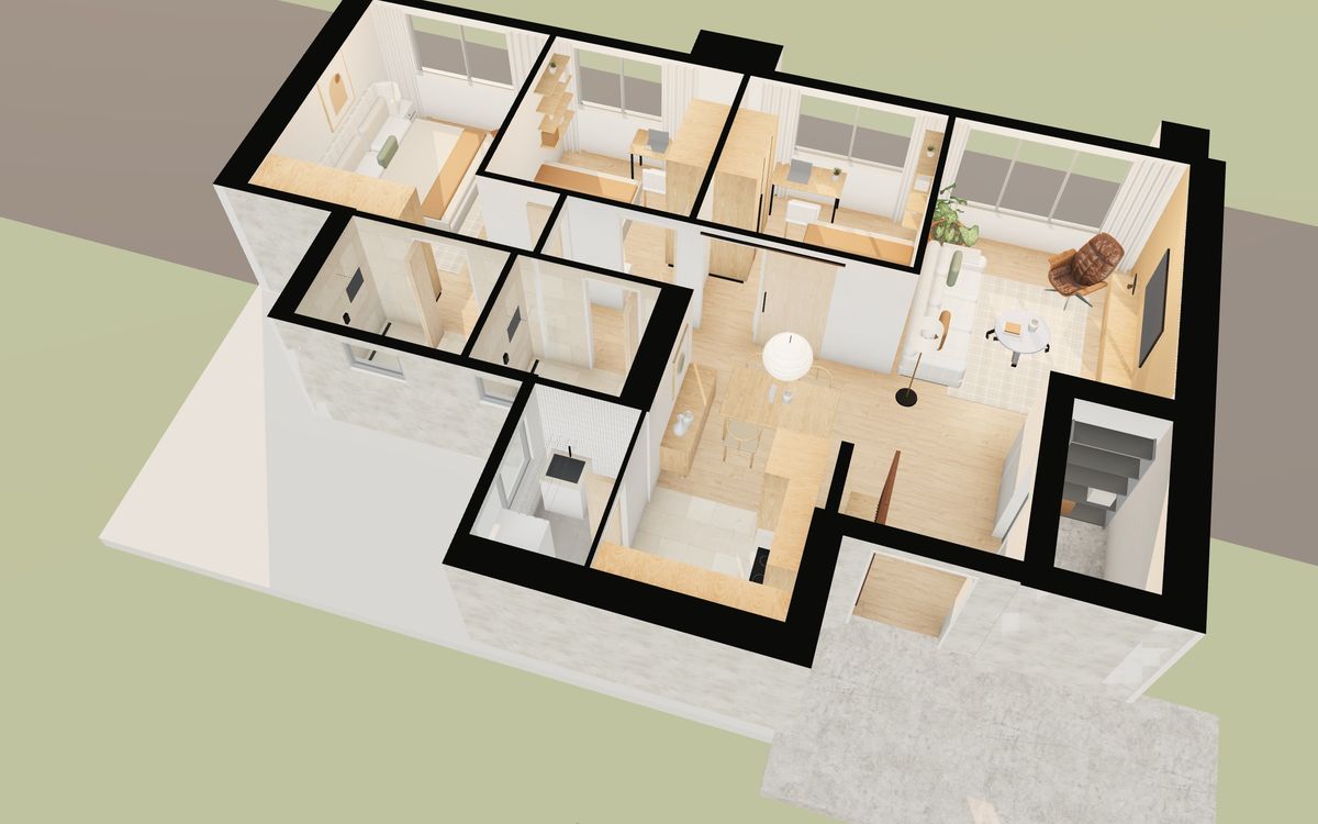Cutaway dollhouse view of a furnished 4-room HDB flat