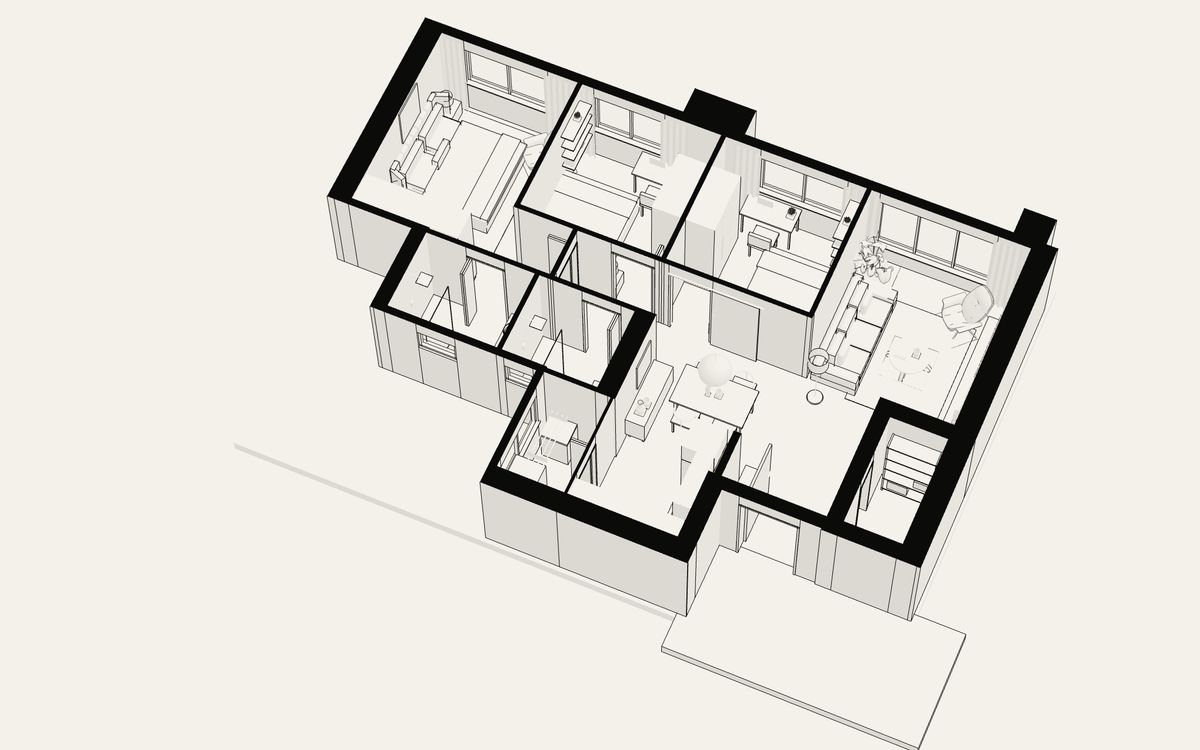 The floor plan's walls rising into a 3D model of the flat