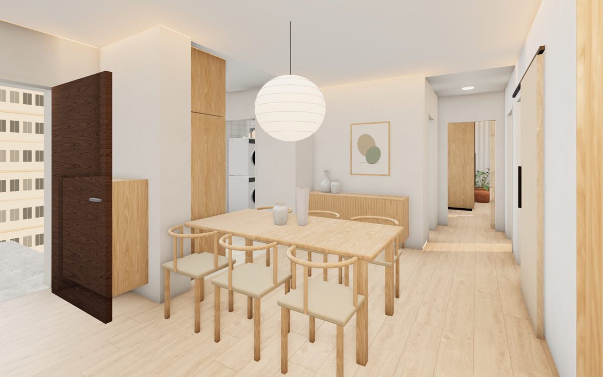 Dining area of a Kebun Baru Breeze 4-room flat with an oak table for six under a paper lantern, the front door and the open kitchen