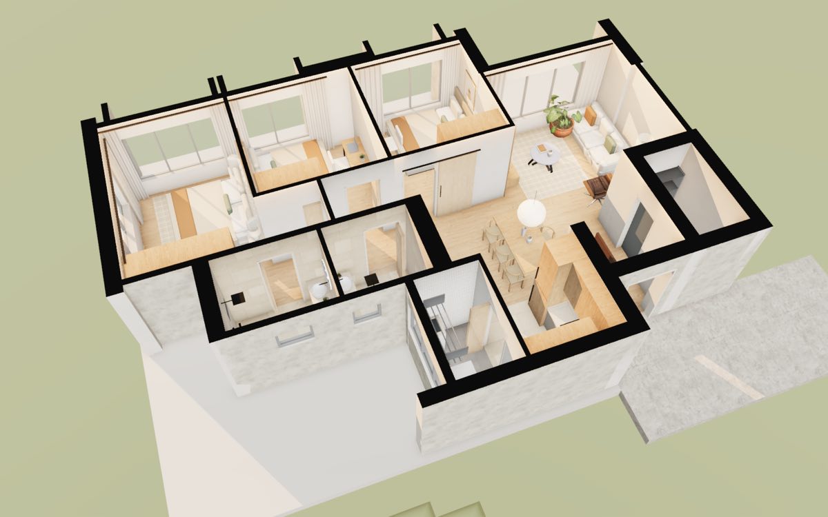 Dollhouse view of a Kebun Baru Breeze 4-room flat in 3D