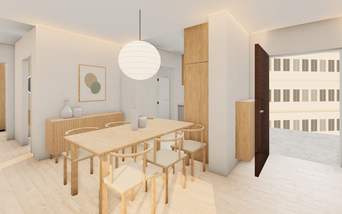 Dining area of a Kebun Baru Ridge 4-room flat with an oak table for six, a fluted sideboard and the front door