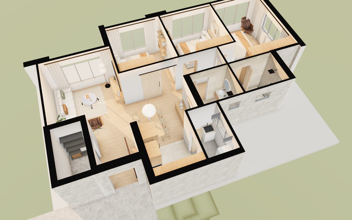 Dollhouse view of a Kebun Baru Ridge 4-room flat in 3D