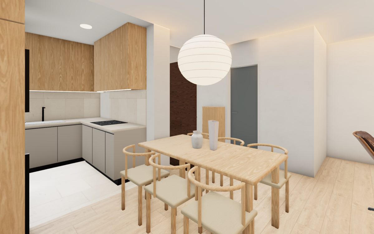Dining area of a Lakeview Cascadia 4-room flat with an oak table for six beside the open galley kitchen