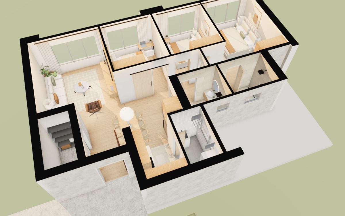 Dollhouse view of a Lakeview Cascadia 4-room flat in 3D