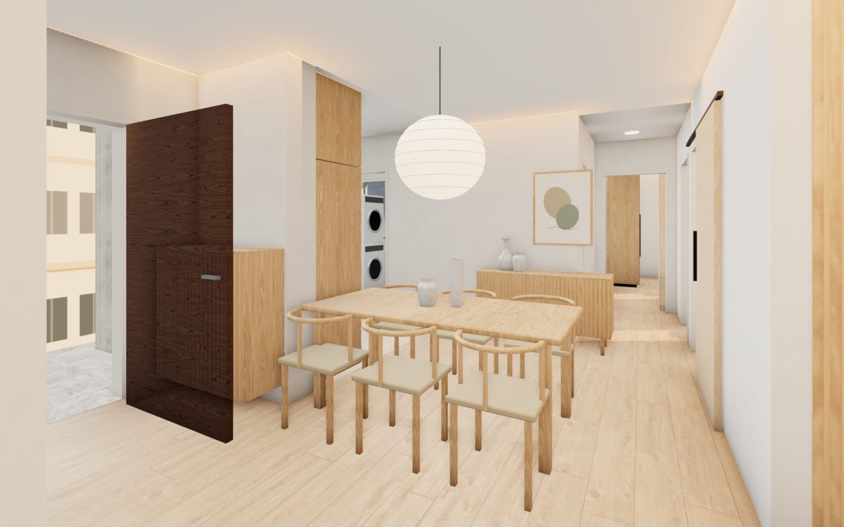 Dining area of a Sembawang Brook 4-room flat with an oak table for six under a paper lantern, the front door and the service yard beyond