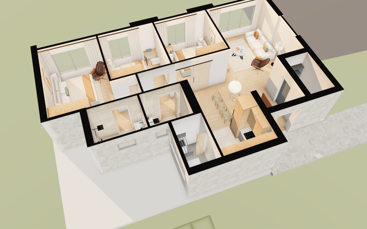 Cutaway dollhouse view of the Sembawang Brook 4-room flat showing all rooms furnished