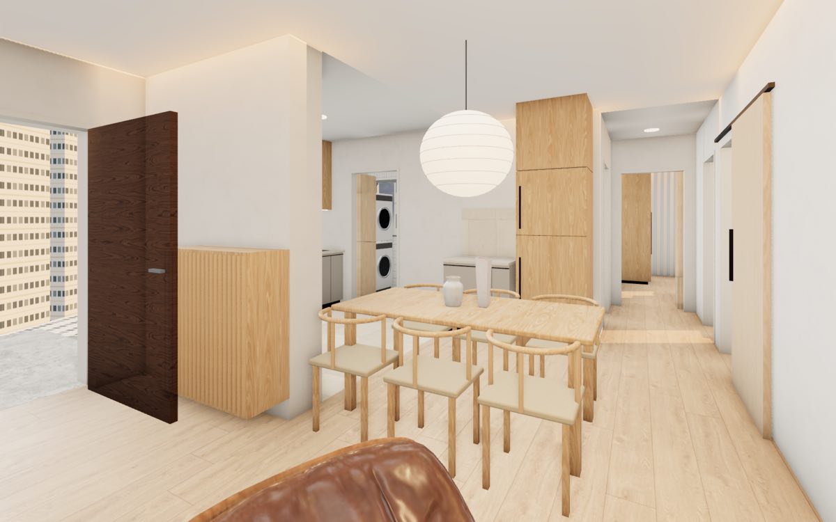 Dining area of a Sembawang Portico 4-room flat with an oak table for six under a paper lantern and the open kitchen behind