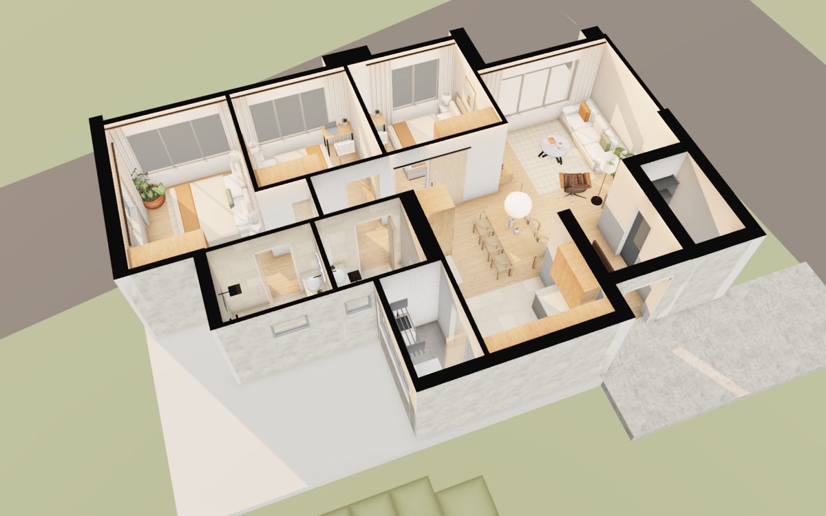 Dollhouse view of a Sembawang Portico 4-room flat in 3D