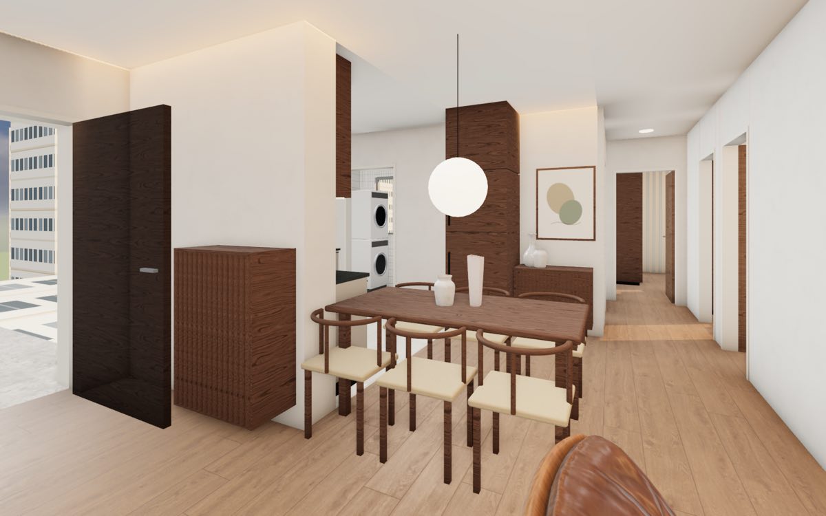 Dining area of a Woodgrove Acres 4-room flat with a walnut table for six under a globe pendant and the open kitchen behind
