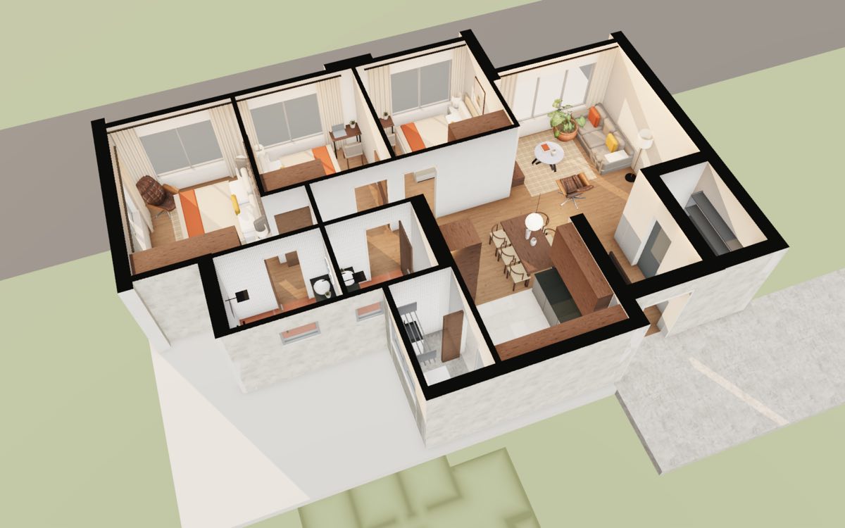 Dollhouse view of a Woodgrove Acres 4-room flat in 3D