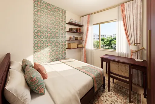 Modern Peranakan bedroom 2 in a Berlayar Rise 4-room BTO flat, version 2