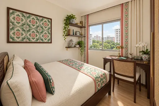 Modern Peranakan bedroom 2 in a Berlayar Rise 4-room BTO flat, version 3