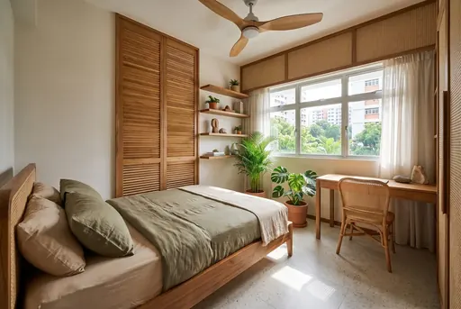 Modern Tropical bedroom 2 in a Berlayar Rise 4-room BTO flat, version 2