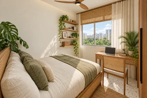 Modern Tropical bedroom 2 in a Berlayar Rise 4-room BTO flat, version 3