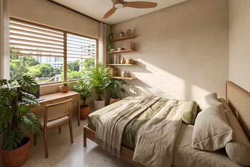 Modern Tropical bedroom 3 in a Berlayar Rise 4-room BTO flat, version 2