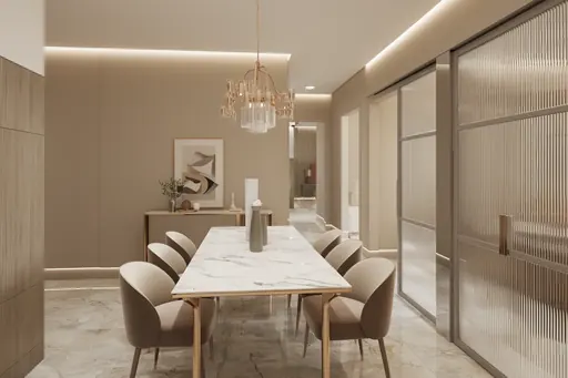 Modern Luxe dining area in a Berlayar Rise 4-room BTO flat, version 1