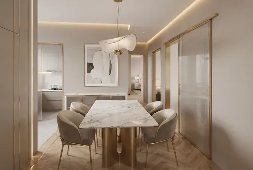 Modern Luxe dining area in a Berlayar Rise 4-room BTO flat, version 2