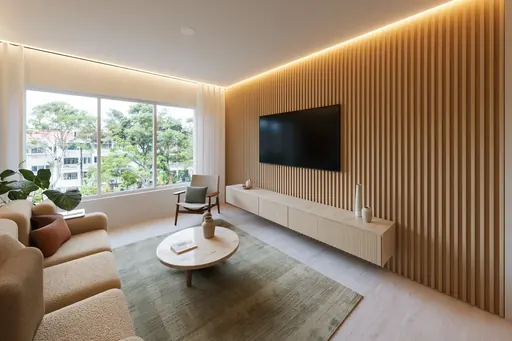 Japandi TV wall in a Berlayar Rise 4-room BTO flat, version 1