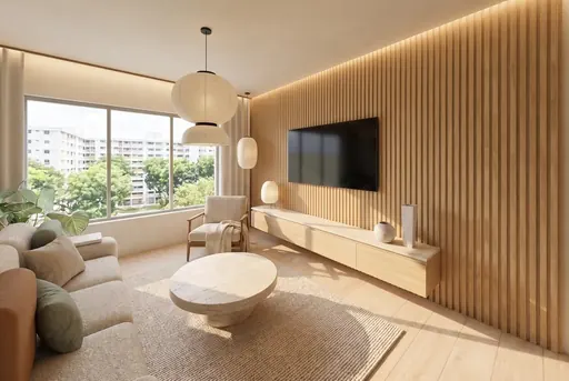 Japandi TV wall in a Berlayar Rise 4-room BTO flat, version 2