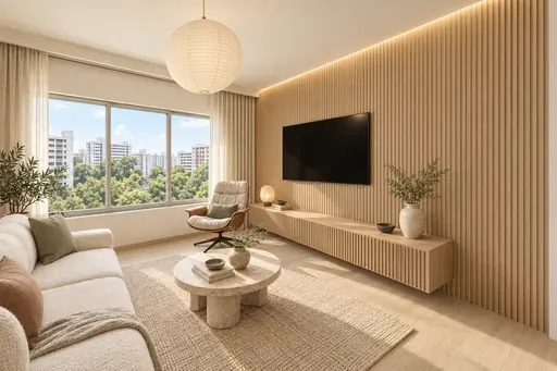 Japandi TV wall in a Berlayar Rise 4-room BTO flat, version 3