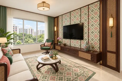 Modern Peranakan TV wall in a Berlayar Rise 4-room BTO flat, version 3