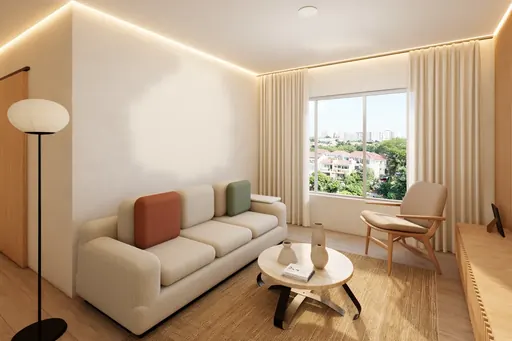Japandi living room in a Berlayar Rise 4-room BTO flat, version 1