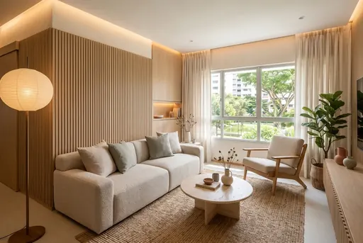 Japandi living room in a Berlayar Rise 4-room BTO flat, version 2