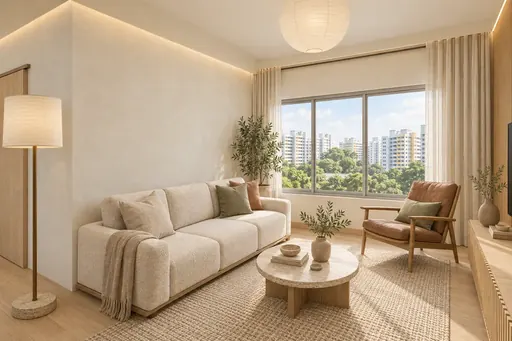 Japandi living room in a Berlayar Rise 4-room BTO flat, version 3