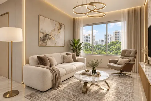 Modern Luxe living room in a Berlayar Rise 4-room BTO flat, version 3