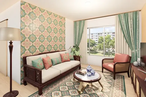 Modern Peranakan living room in a Berlayar Rise 4-room BTO flat, version 2