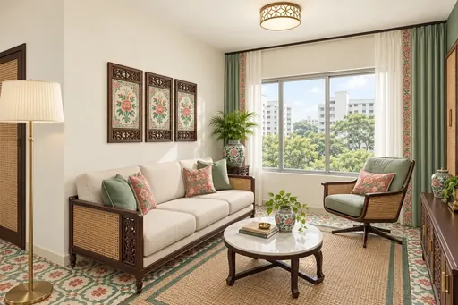 Modern Peranakan living room in a Berlayar Rise 4-room BTO flat, version 3