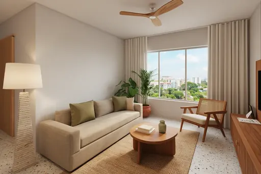 Modern Tropical living room in a Berlayar Rise 4-room BTO flat, version 1