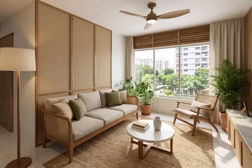 Modern Tropical living room in a Berlayar Rise 4-room BTO flat, version 2
