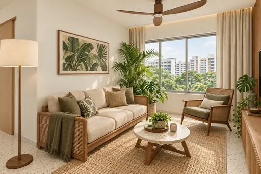 Modern Tropical living room in a Berlayar Rise 4-room BTO flat, version 3