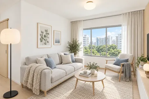 Scandinavian living room in a Berlayar Rise 4-room BTO flat, version 3