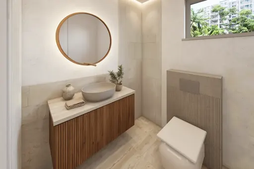 Japandi master bathroom in a Berlayar Rise 4-room BTO flat, version 1
