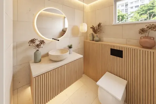 Japandi master bathroom in a Berlayar Rise 4-room BTO flat, version 2