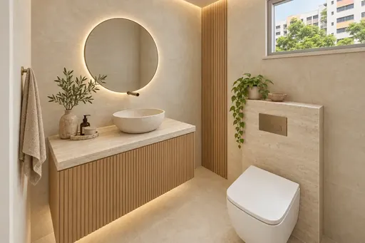 Japandi master bathroom in a Berlayar Rise 4-room BTO flat, version 3