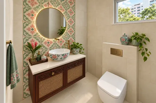 Modern Peranakan master bathroom in a Berlayar Rise 4-room BTO flat, version 3