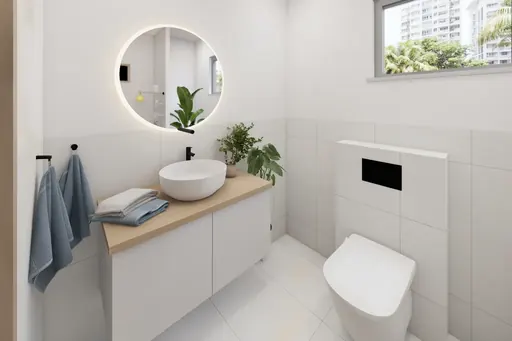 Scandinavian master bathroom in a Berlayar Rise 4-room BTO flat, version 1