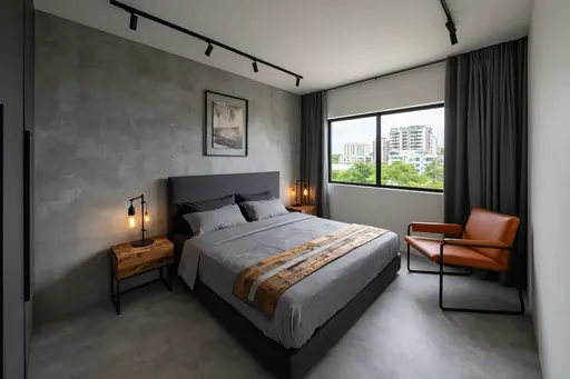 Industrial master bedroom in a Berlayar Rise 4-room BTO flat, version 1