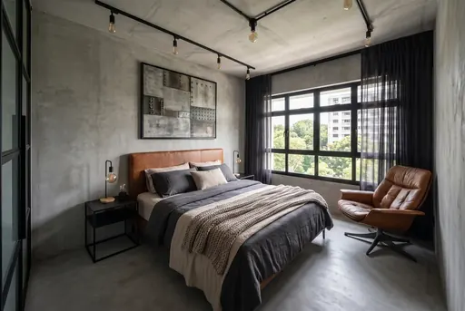 Industrial master bedroom in a Berlayar Rise 4-room BTO flat, version 2