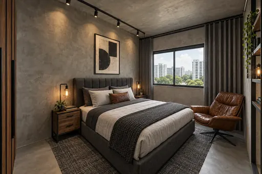 Industrial master bedroom in a Berlayar Rise 4-room BTO flat, version 3