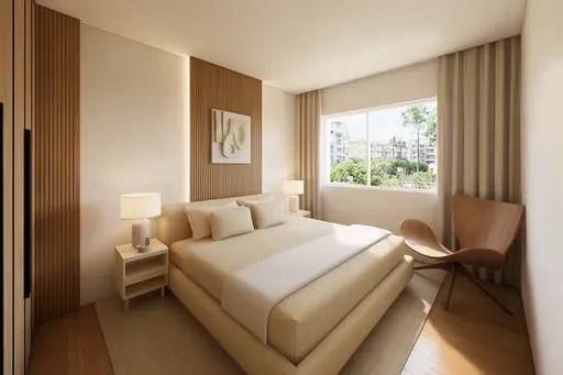 Japandi master bedroom in a Berlayar Rise 4-room BTO flat, version 1