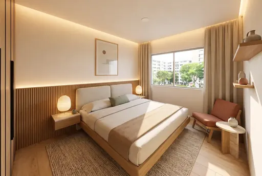 Japandi master bedroom in a Berlayar Rise 4-room BTO flat, version 2
