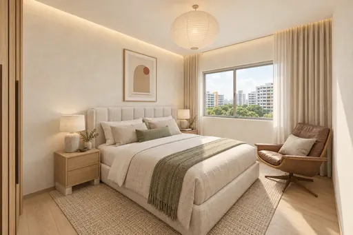 Japandi master bedroom in a Berlayar Rise 4-room BTO flat, version 3