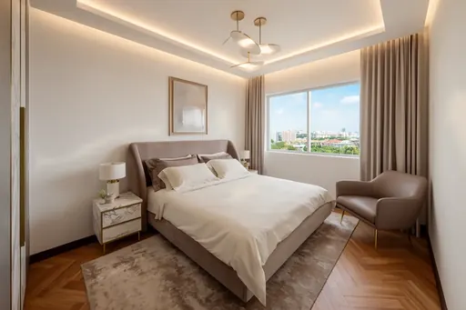 Modern Luxe master bedroom in a Berlayar Rise 4-room BTO flat, version 1