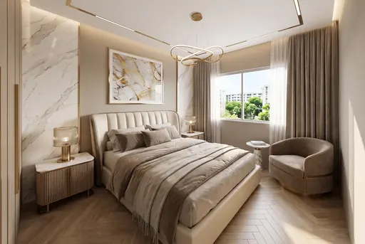 Modern Luxe master bedroom in a Berlayar Rise 4-room BTO flat, version 2