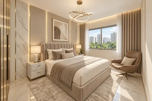Modern Luxe master bedroom in a Berlayar Rise 4-room BTO flat, version 3